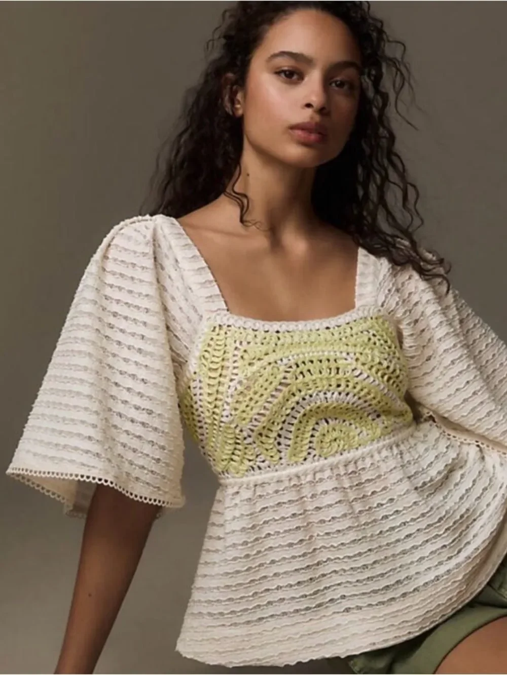 Anthropologie Sarah Hann Flutter-Sleeve Crochet Babydoll Top Size M
